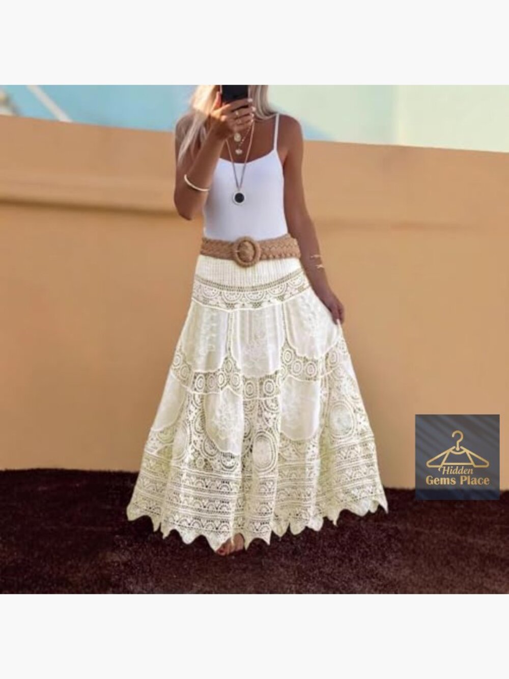 Floral Embroidered Maxi Skirt Elastic Waist Flared Long Boho A-Line - Picture 2 of 7